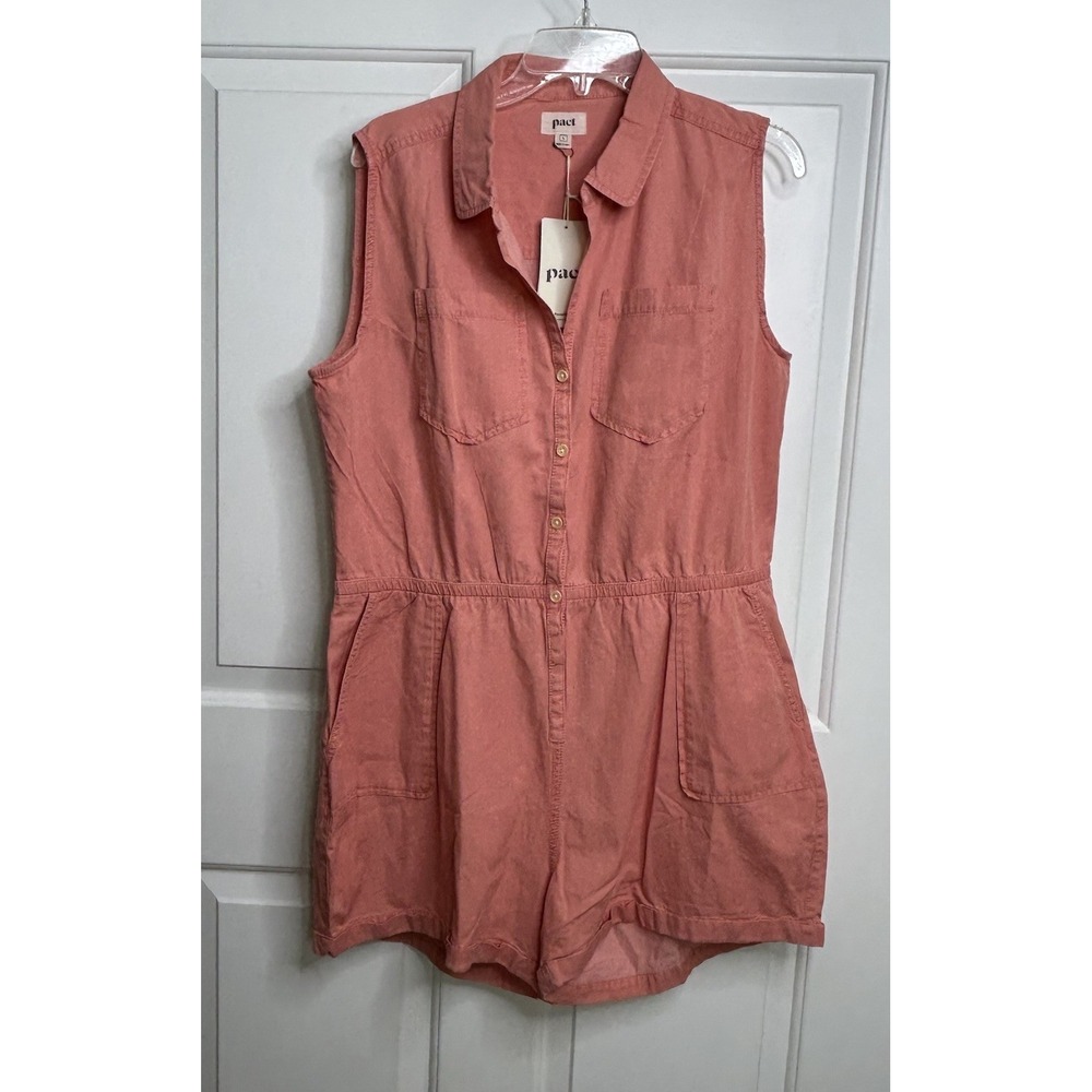 Pact Romper Women's Large Organic Cotton Chambray Faded Pink Sleeveless NWT